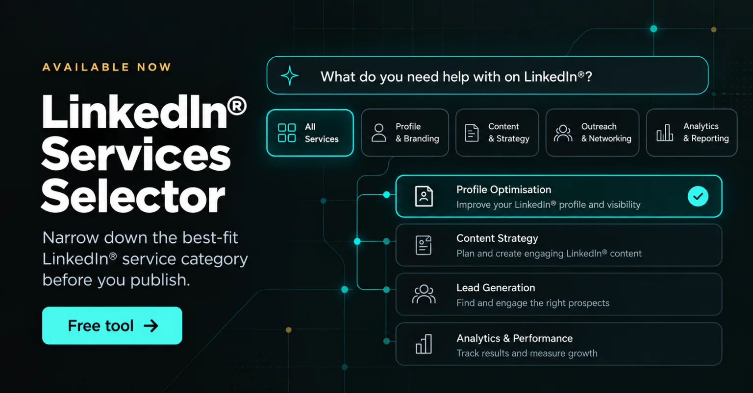 Featured image for the LinkedIn® Services Selector, showing service categories and a selected best-fit option.